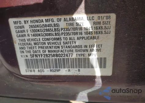 2008 Honda Pilot Vp из США, поврежденный, VIN 5FNYF28258B022477